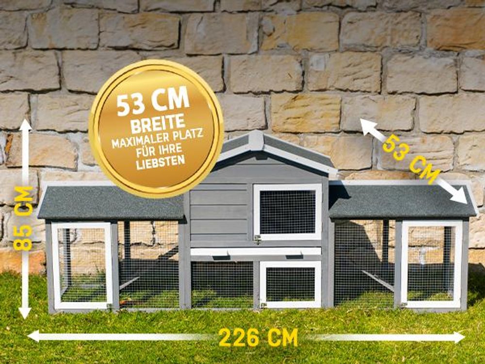 MyAnimal Hasenstall MH-03 | Hasenkäfig XXL mit Freilaufgehege - Kleintierkäfig - Kaninchenstall - 4 Türen - Kleintierstall - Wetterfest - 226x53x85 cm