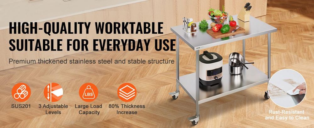 VEVOR Edelstahl Vorbereitungs Tisch, 24 x 24 x 34 Zoll, Schwerlast Metall Arbeitstisch mit 3 verstellbaren Höhenstufen, Gewerbliche Arbeitsstation für Küche Garage Restaurant Garten, 762x1219 mm