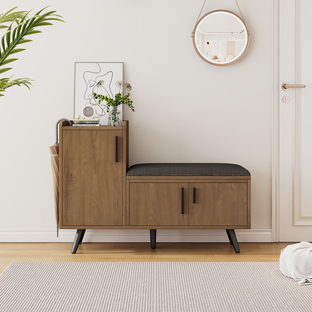 Merax Schuhschrank Schuhkipper mit 3 Türen, Kissen Sitzbank, asymmetrischen Metallgriffen, Schuhkommode, Schuhablage, 100×34×69cm, Walnuss