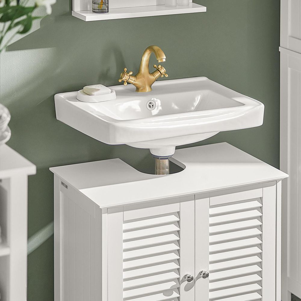 SoBuy Waschbeckenunterschrank Badschrank mit verstellbaren Regalböden Badmöbel aus MDF Unterschrank für Badezimmer Anti-Schimmel Lamellentür FRG237-W
