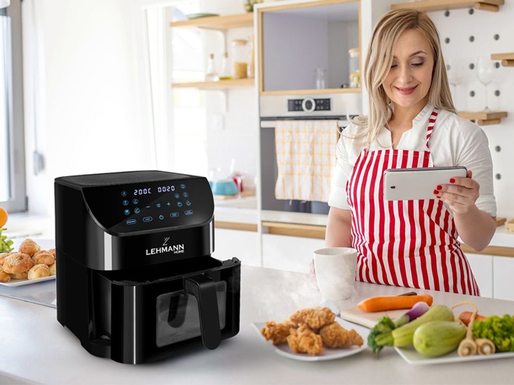 LEHMANN Heißluftfritteuse, Airfryer 1800 W, Kapazität 8L, max 200°C, 12 Programmen, mit Sichtfenster - Backen und Frittieren Ohne Fett