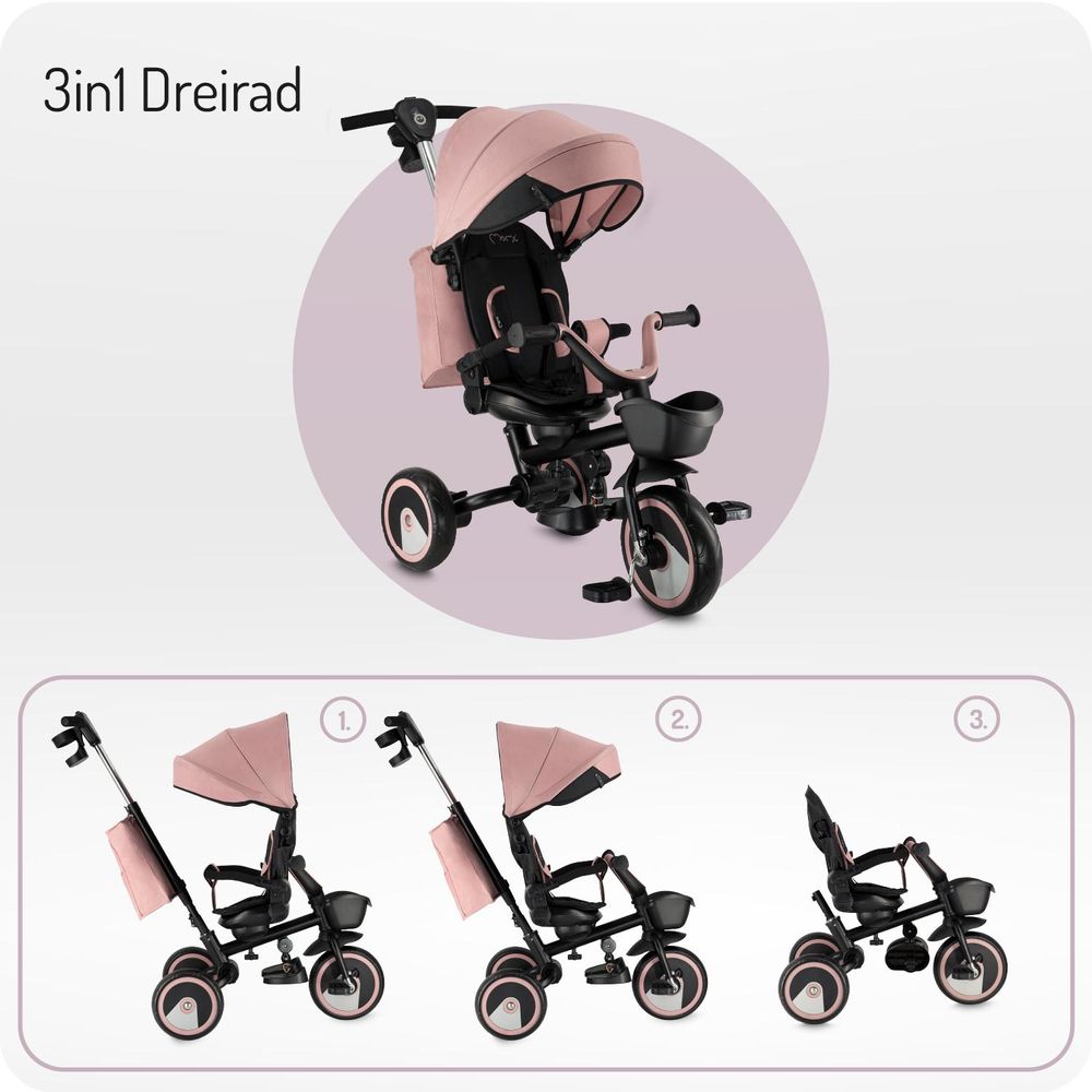 MoMi IVI Kinderdreirad 3-in-1 Rosa – 360° drehbarer Sitz, 3-Punkt-Gurt, höhenverstellbare Schiebestange, Sonnendach, PolyurethanRäder, Frontkorb – ab 9 Monaten