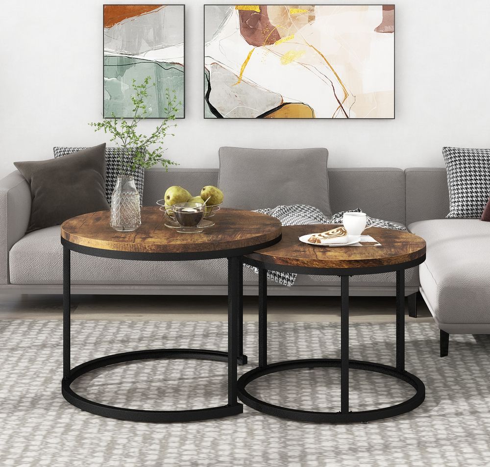 Merax Couchtisch 2er Set Satztisch Runder Beistelltisch im Industrial Minimalistisch Design,  Kaffeetisch Wohnzimmertisch Sofatisch mit  1,5 cm Platte