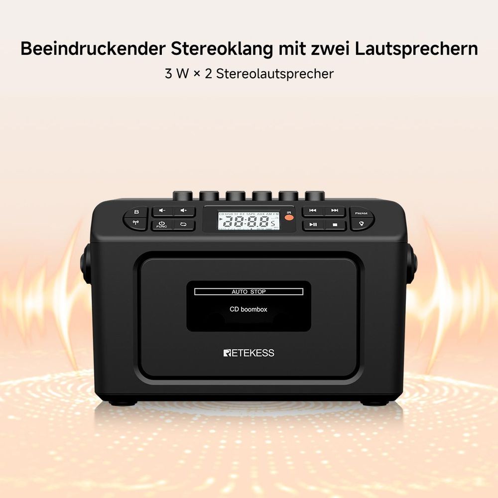 Retekess TR642 CD Player tragbar, Bluetooth, AM FM Radio, 5000mAh Boombox mit wiederaufladbare Akk, AUX/USB/TF, für Familien Camping