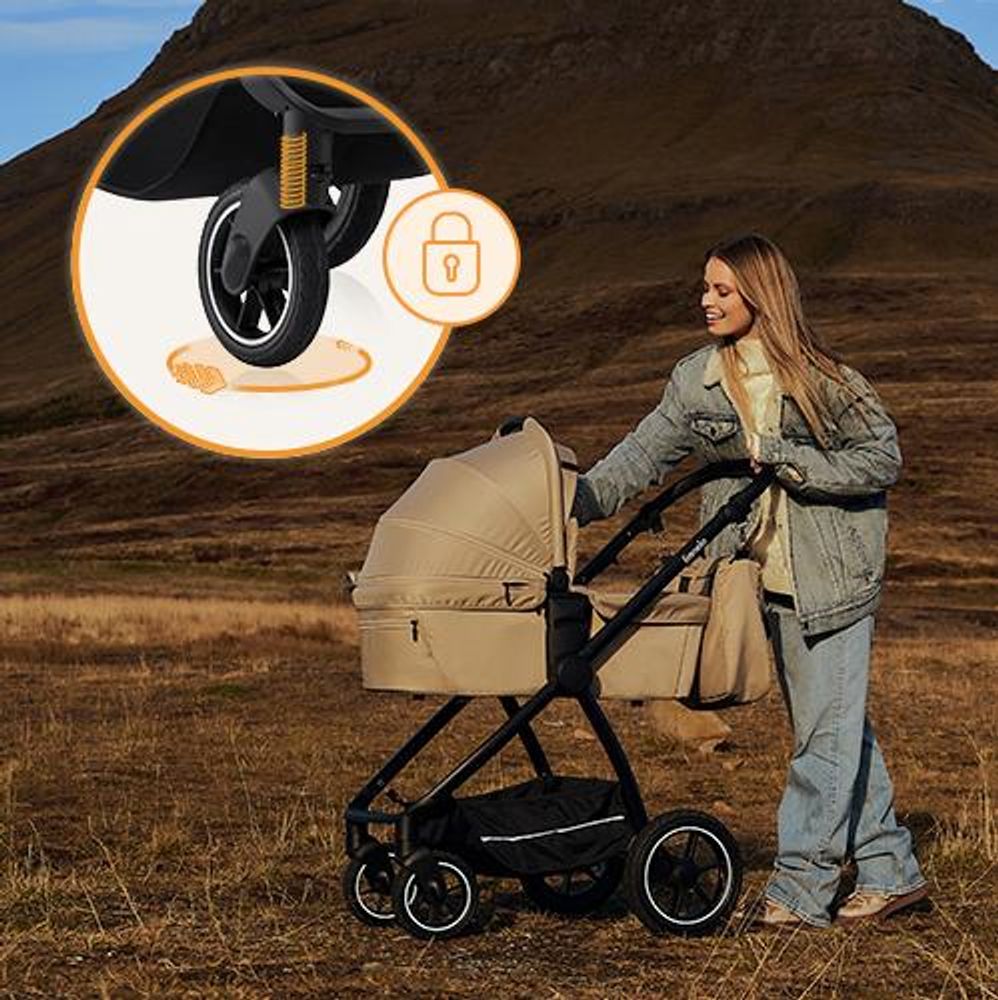 Lionelo Kombikinderwagen Meril 3in1 Babywanne bis zu 9 kg, Kindersitz bis zu 13 kg, 0-48 Monate bis zu 22 kg, Geländeräder 360°, Vollfederung - Black