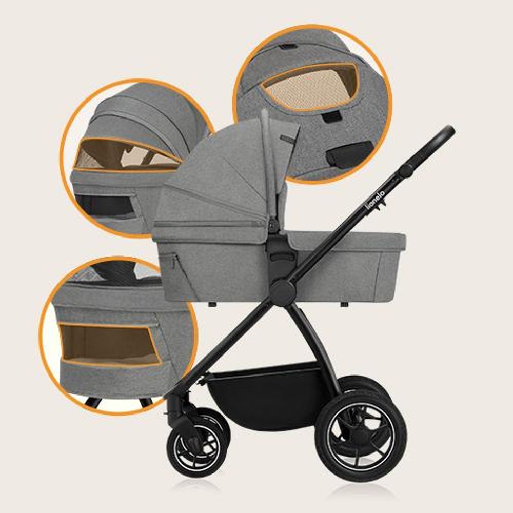 Lionelo Kombikinderwagen Meril 2in1 Babywanne bis zu 9 kg, 0-48 Monate bis zu 22 kg, Geländeräder 360°, Vollfederung, XXL-Verdeck - Grau