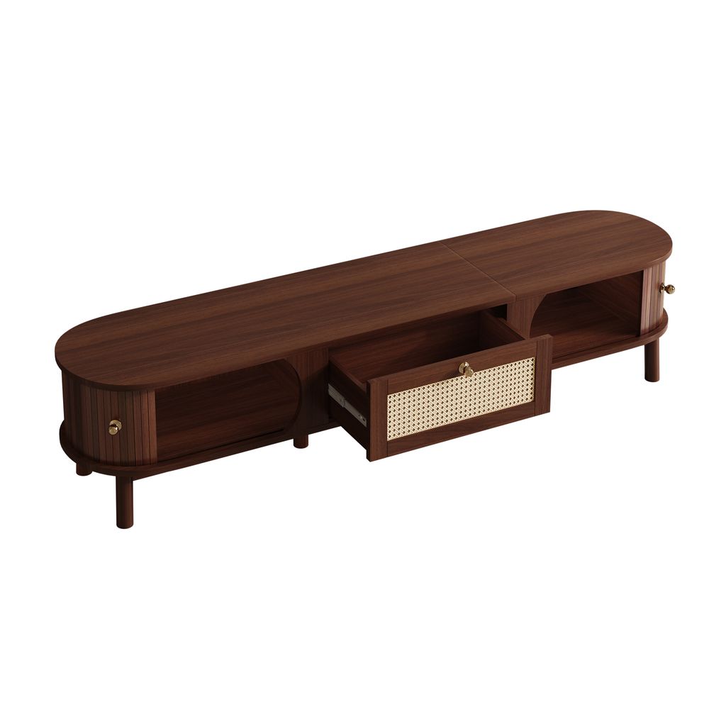 MODFU TV-Schrank aus Holz, TV-Sideboard mit Rattanschubladen, Lowboard mit Türen im Schiebetür-Design,Natur