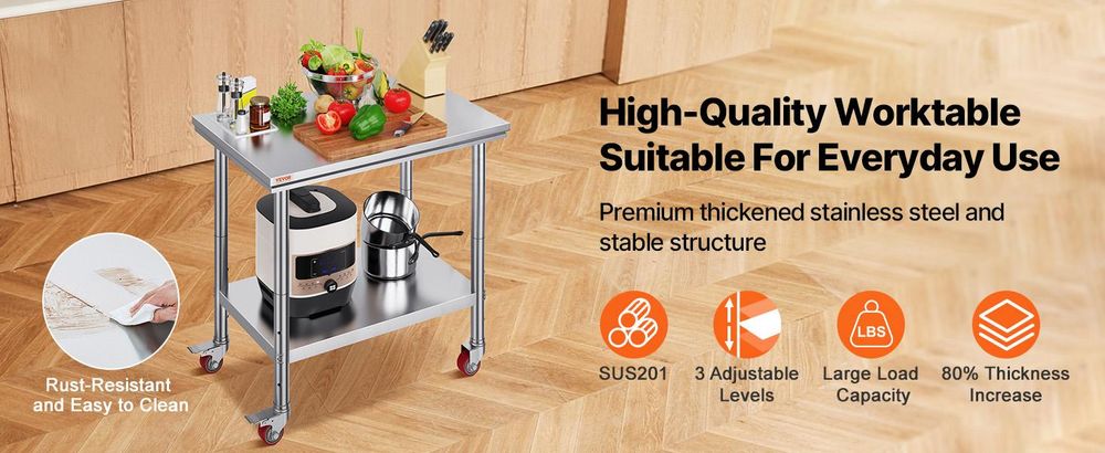 VEVOR Edelstahl Arbeitstisch 30 x 18 x 34 Zoll, 700 LBS Tragfähigkeit mit 4 Rädern, 3 verstellbare Höhenstufen, robuster Lebensmittelvorbereitungstisch für gewerbliche Küchenrestaurants, Silber, 900x600x850 mm