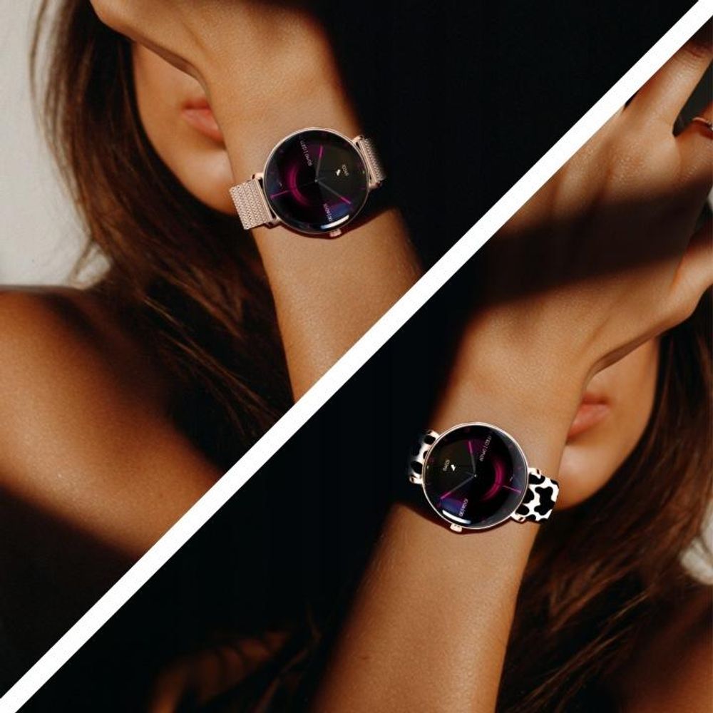 Forever Smartwatch dla modnych kobiet, Bluetooth, AMOLED, można dzwonić bezpośrednio z zegarka SB-370 Lucca różowe złoto - bransoleta Spotted