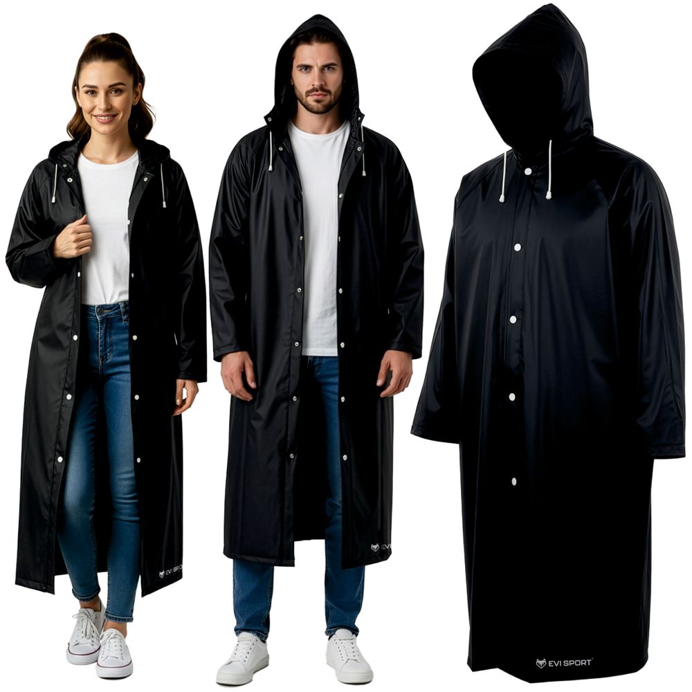 Regenponcho Damen Herren, Regenmantel Wasserdicht aus EVA, Leichter Regenschutz mit Kapuze, EVI SPORT StormGuard Black