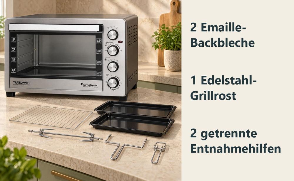 TT-EVS38 mit zwei Emaille-Backblechen, Edelstahl-Grillrost, Drehspieß und zwei Entnahmehilfen