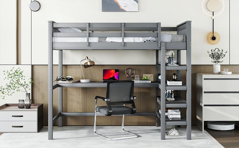Merax Etagenbett Hochbett 90x200 cm, Kinderbett mit Ablagefächern & Schreibtisch, Stockbett mit Zäune, Jugendbett, Grau