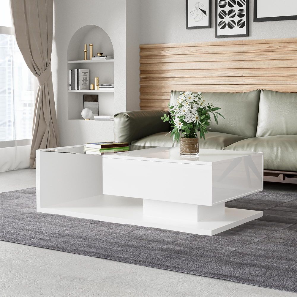 Weißer Hochglanz Couchtisch mit Glas und LED-Beleuchtung