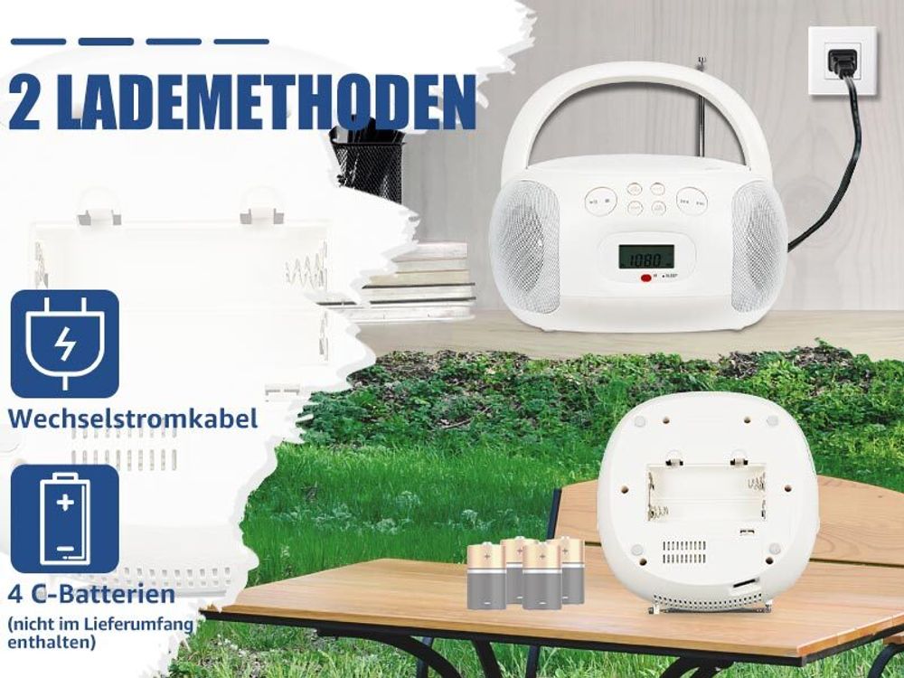Retekess TR636 Tragbarer CD-Player, Boombox mit Bluetooth, FM Radio, USB,AUX-In,Sleep-Timer, Fernbedienung, Einfache Bedienung für Kinder und Ältere Menschen (Weiß)