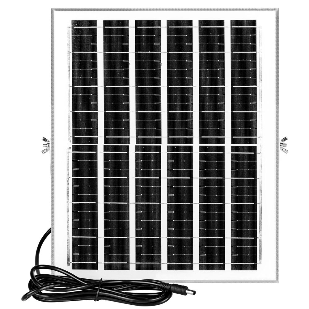 Weißes Solarpanel mit schwarzen Zellen und angeschlossenem Kabel, bereit zur Installation.