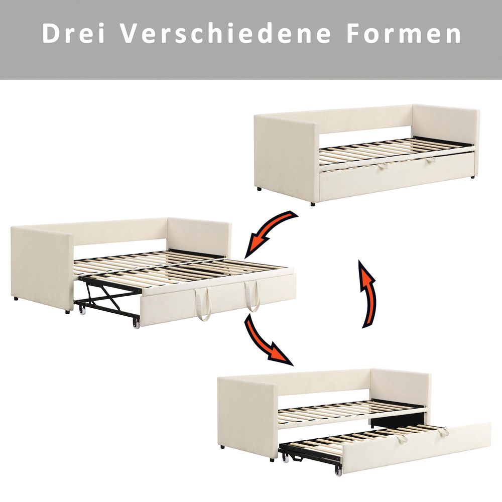 INONEFT Schlafsofa 90/180 x 200 cm, Tagesbett Ausziehbar Sofabett mit Lattenrosten, Polsterbett für Erwachsene, Samtstoff, ohne Matratze, Beige