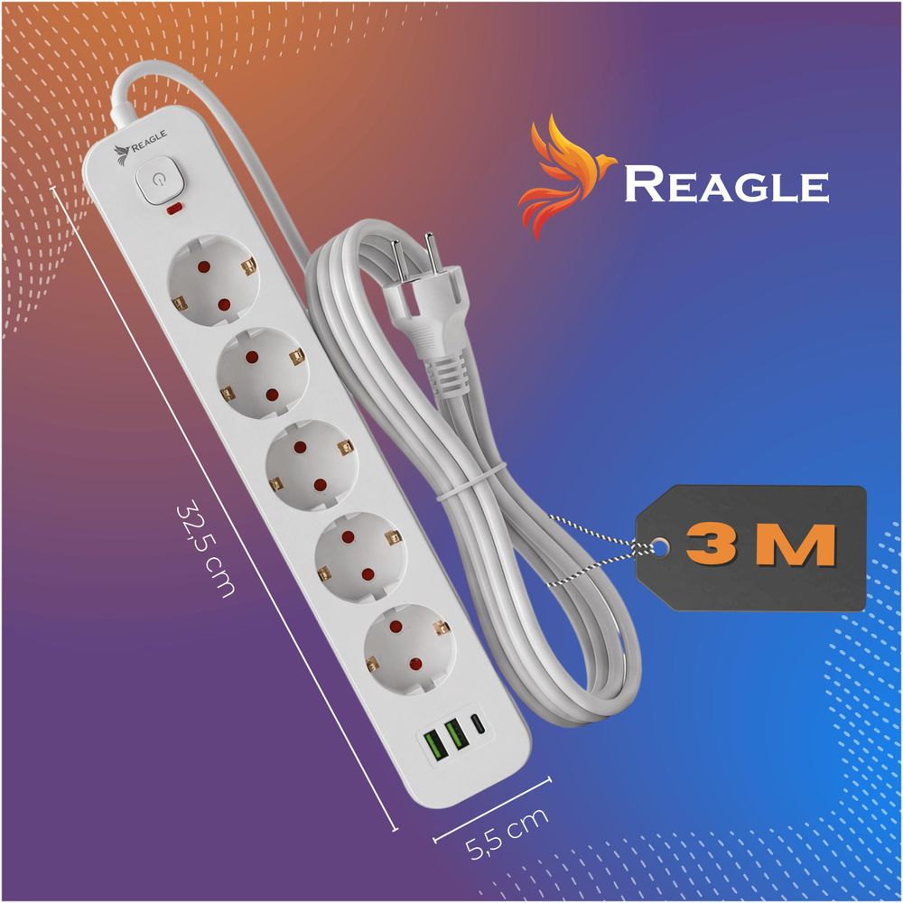 Reagle 3m Steckdosenleiste 5-fach mit 3x USB (2x USB-A, 1x USB-C), Mehrfachsteckdose, Verlängerungskabel 2500W, Schalter, Weiß