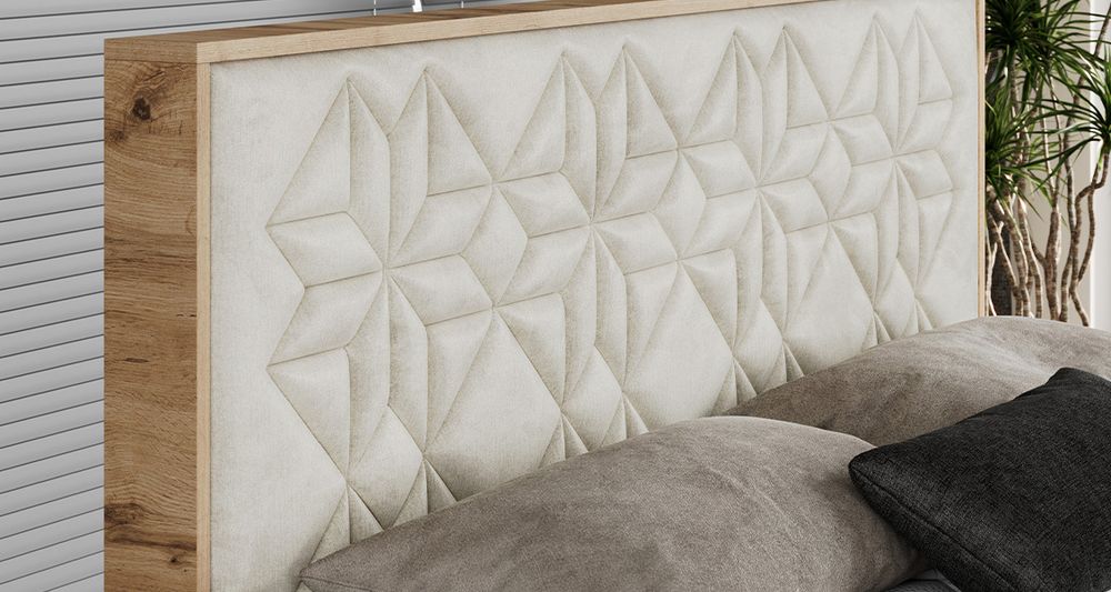 Vergrößern Sie das Kopfteil des Boxspringbettes, das Foto zeigt beige Stoff