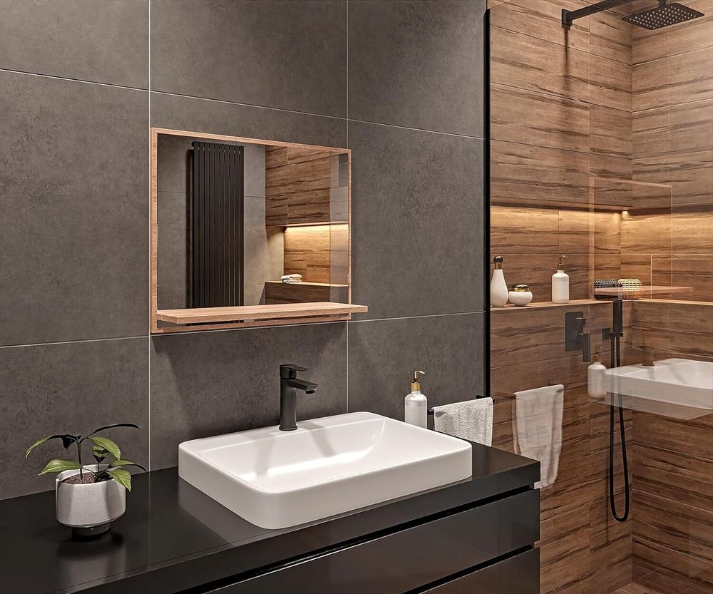 Badspiegel mit Ablage Sonoma - H:50 x B: 60 cm - Bathroom Mirror - Moderner Badezimmer Spiegel Rechteckig - Wandspiegel mit Regal