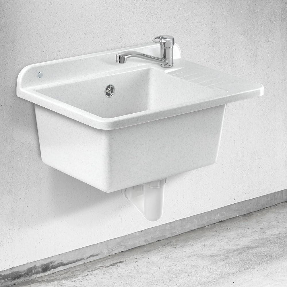 GOSPO Ausgussbecken "Tornio",Spülbecken mit Mischbatterie, Waschbecken 50cm, Weiß