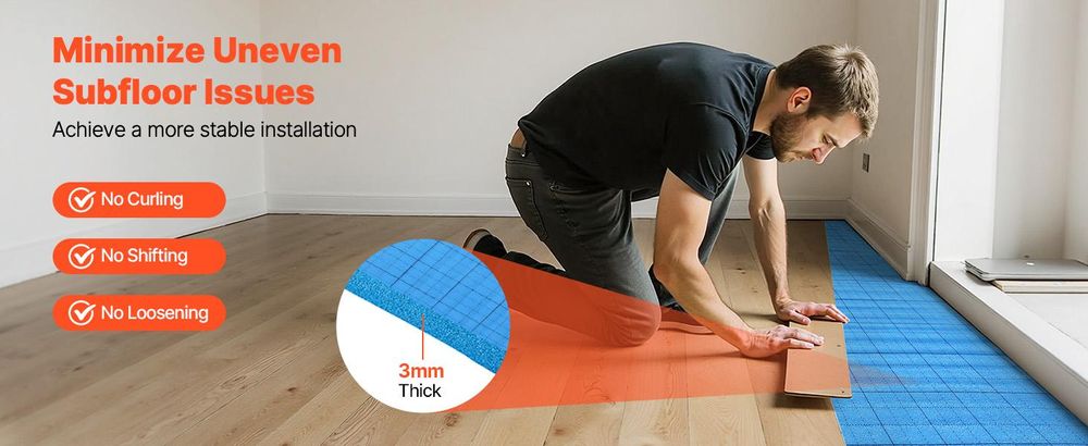 VEVOR Fußbodenunterlage 37,2 m², 3 mm Laminatbodenpolster mit angebrachter Dampfsperre, strapazierfähige Faser+PE-Folie, schalldämmend & geräuschreduzierend für Vinyl- & Holzböden (2 Rollen x 18,6 m²), 200 sq ft-3.0 mm-1 Volumen-EPE