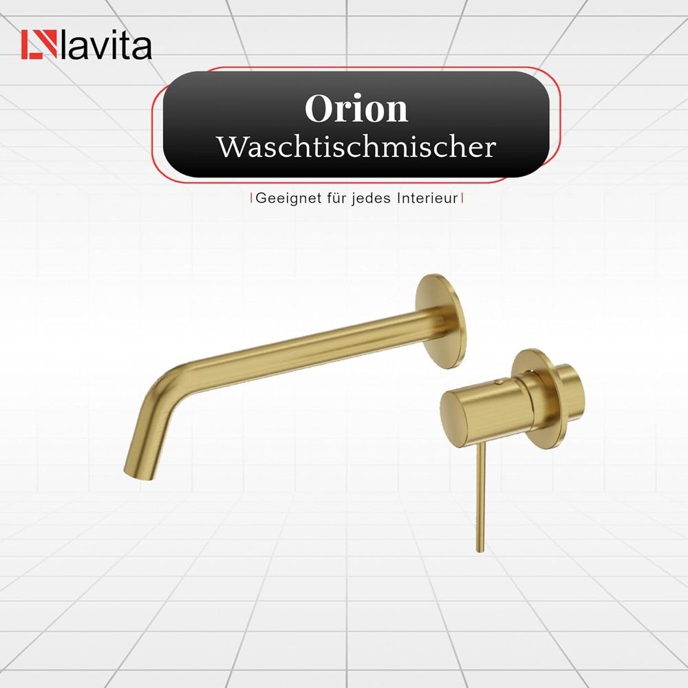 LAVITA Waschtischarmatur Unterputz für Wandmontage - Orion Brushed Gold | Wasserhahn Bad für Wandmontage | Mischbatterie für Waschbecken | Einhebelmischer Waschtisch-Armaturen Badezimmer |