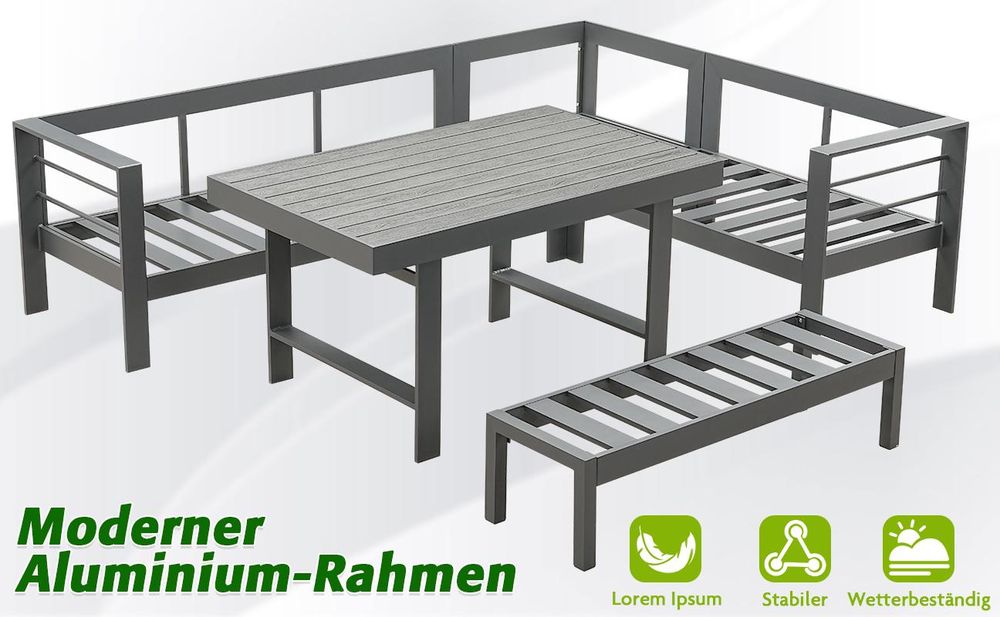 MEXO Gartenmöbel Set Aluminium 8 Personen, Modulares Gartenlounge-Set Gartensofas Ecklounge mit groß Tisch & Gartenbank, Wetterfest Outdoor-Loungesofa