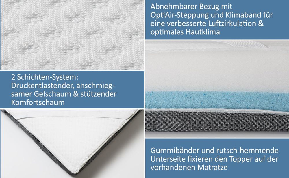 Genius Eazzzy Topper Classic 180x200cm Höhe 7 cm H2 H3 - orthopädische Matratzentopper für Matratze & Boxspringbett aus Gelschaum für Allergiker