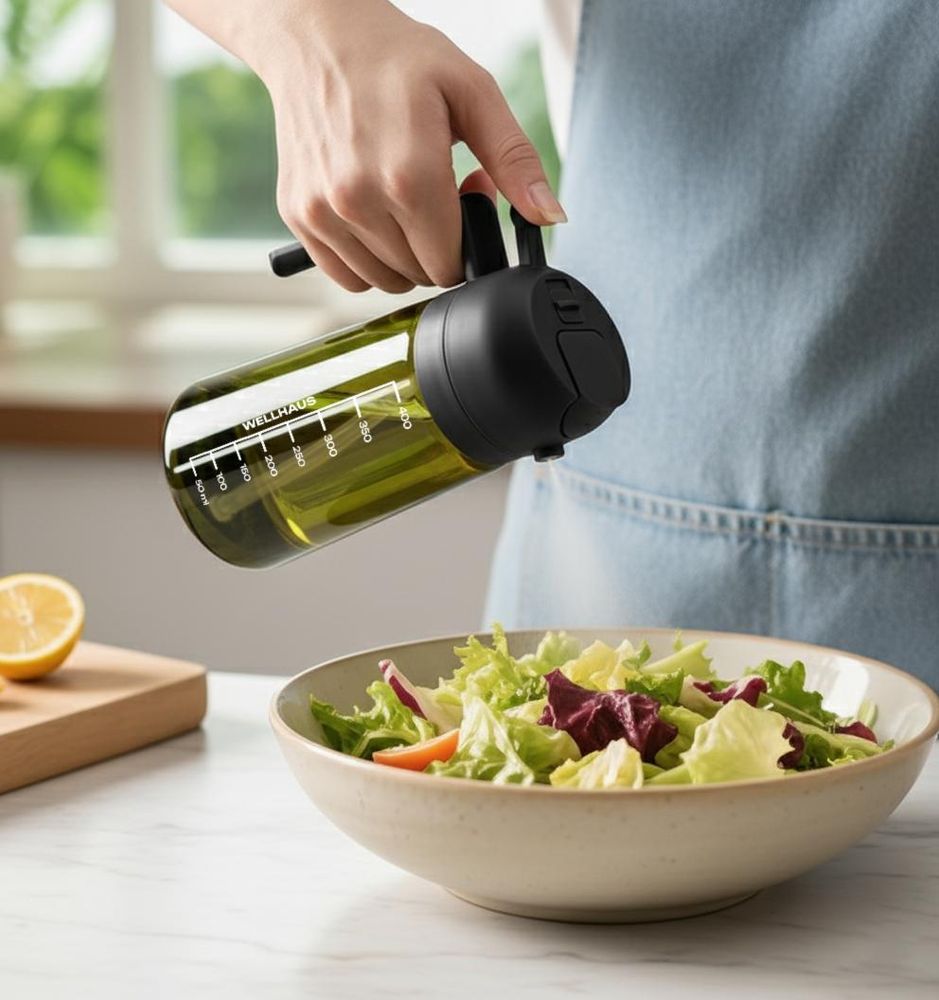 WELLHAUS Olivenölspender & Ölsprüher 2in1 – 470 ml Glas Ölspender mit UV-Schutz, lichtdicht, Ölausgießer & Ölsprühflasche für Heißluftfritteuse, Küche, Kochen, Braten, Salat, Grill & BBQ (Schwarz)