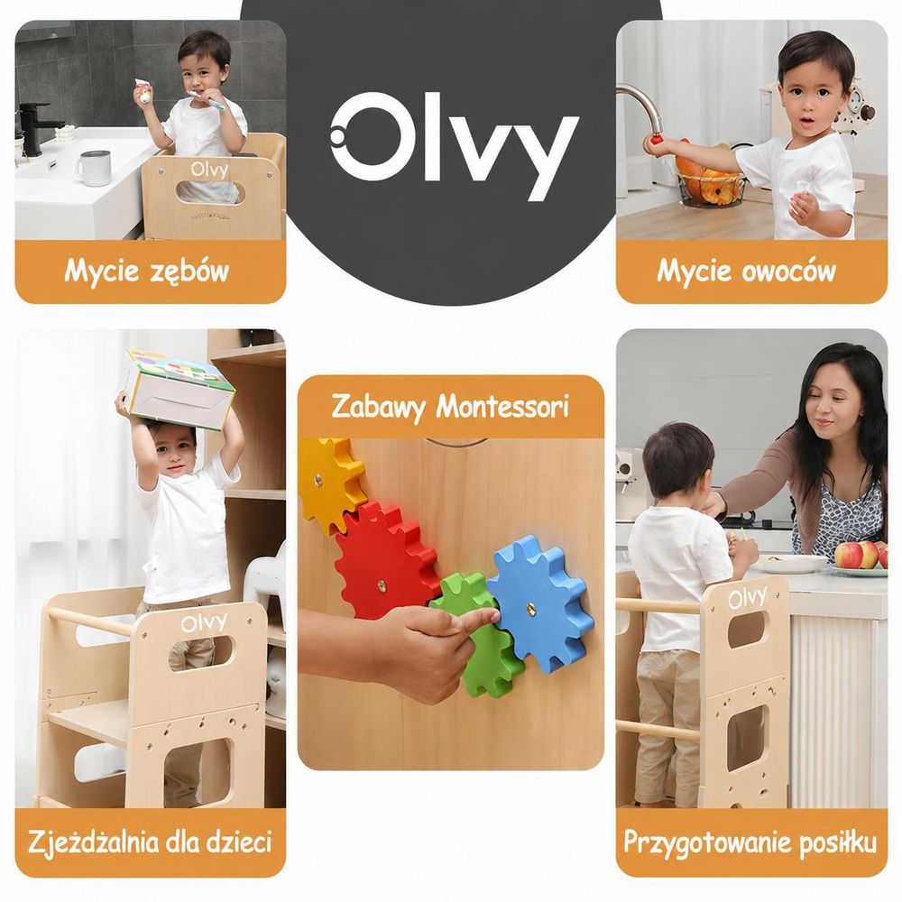 Wieża edukacyjna Olvy od 1 roku - Wieża edukacyjna Montessori 4 w 1 dla dzieci, z regulacją wysokości, zjeżdżalnią, planszą i grami, wielofunkcyjna pomoc kuchenna dla dzieci