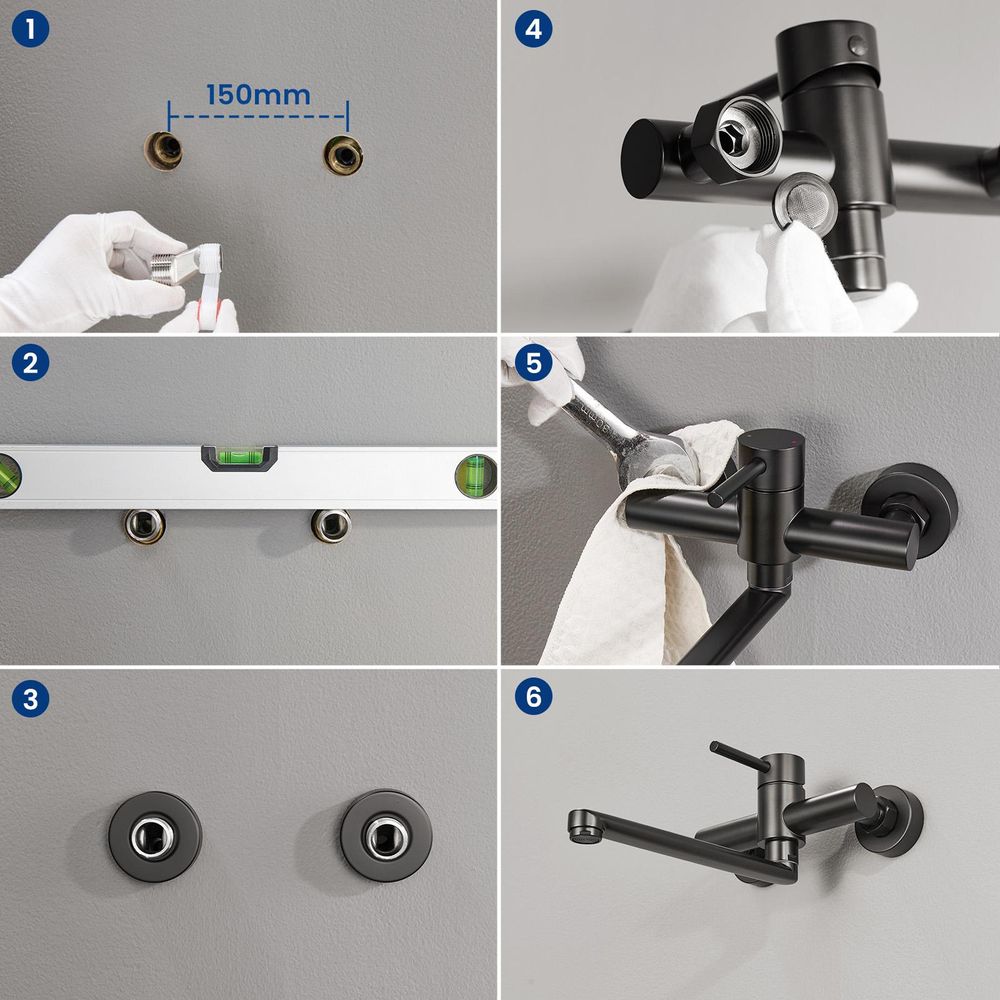 Spültischarmatur Wandmontage, 360° Drehbar Edelstahl Küchenarmatur, Neoperl Spar-Perlator, Zweiloch, Cecipa Wasserhahn Küche, Schwarz Matt