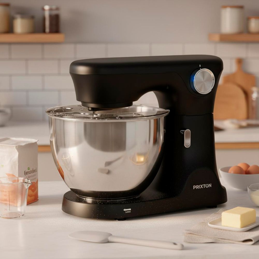 PRIXTON Küchenmaschine KR350 2000W mit 8 L Edelstahl-Schüssel, 6 Geschwindigkeiten + Puls, Kneten, Mischen & Schlagen, Alu‑ & Edelstahlzubehör
