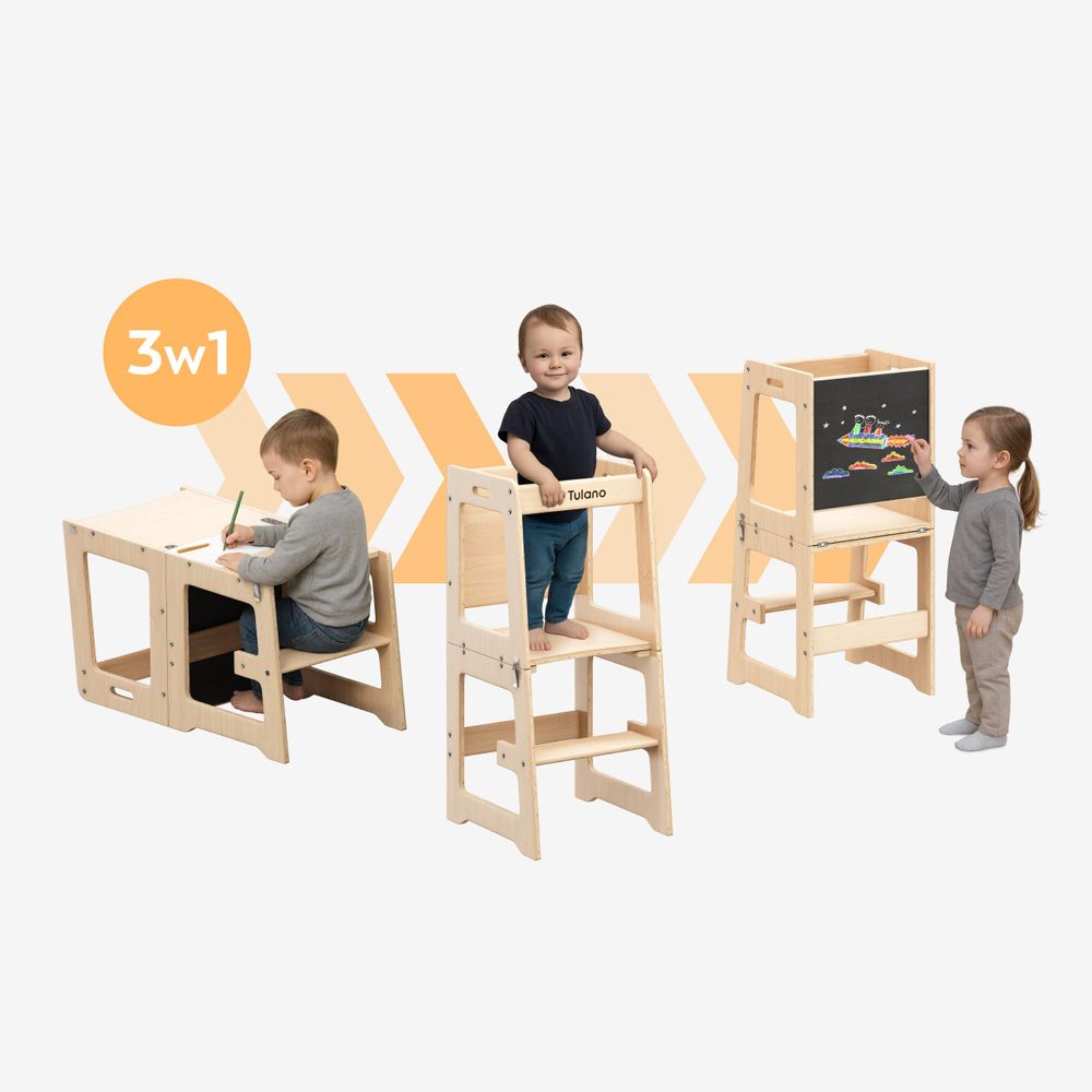 Tulano Mooby 35 Natural Lernturm für Kinder – 3in1 Küchenhelfer, Tisch mit Stuhl, Maltafel – höhenverstellbar, sicher & tragbar, bis 60 kg