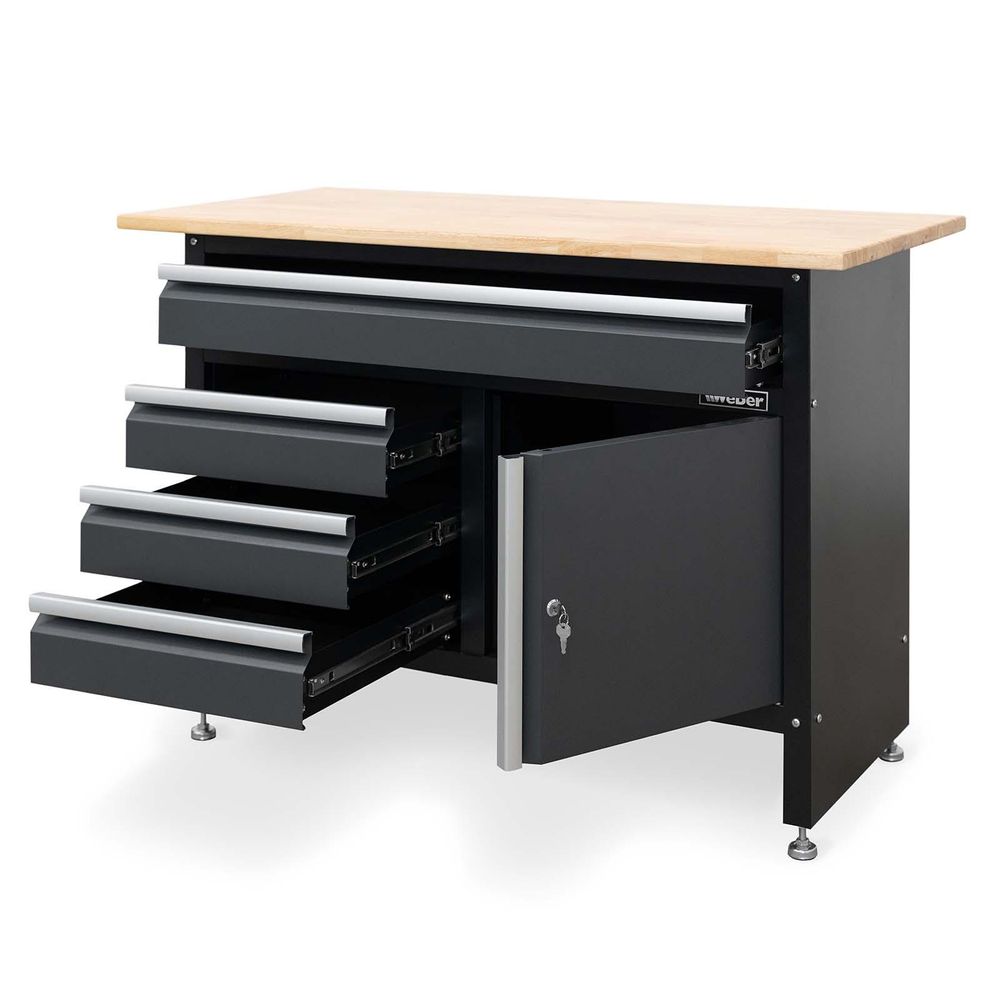 Weber Werkbank mit Schubladen grau schwarz 120 x 60 x 86 cm leer mit Holzarbeitsplatte Werktisch abschließbar Werkzeugschrank Werkstattschrank