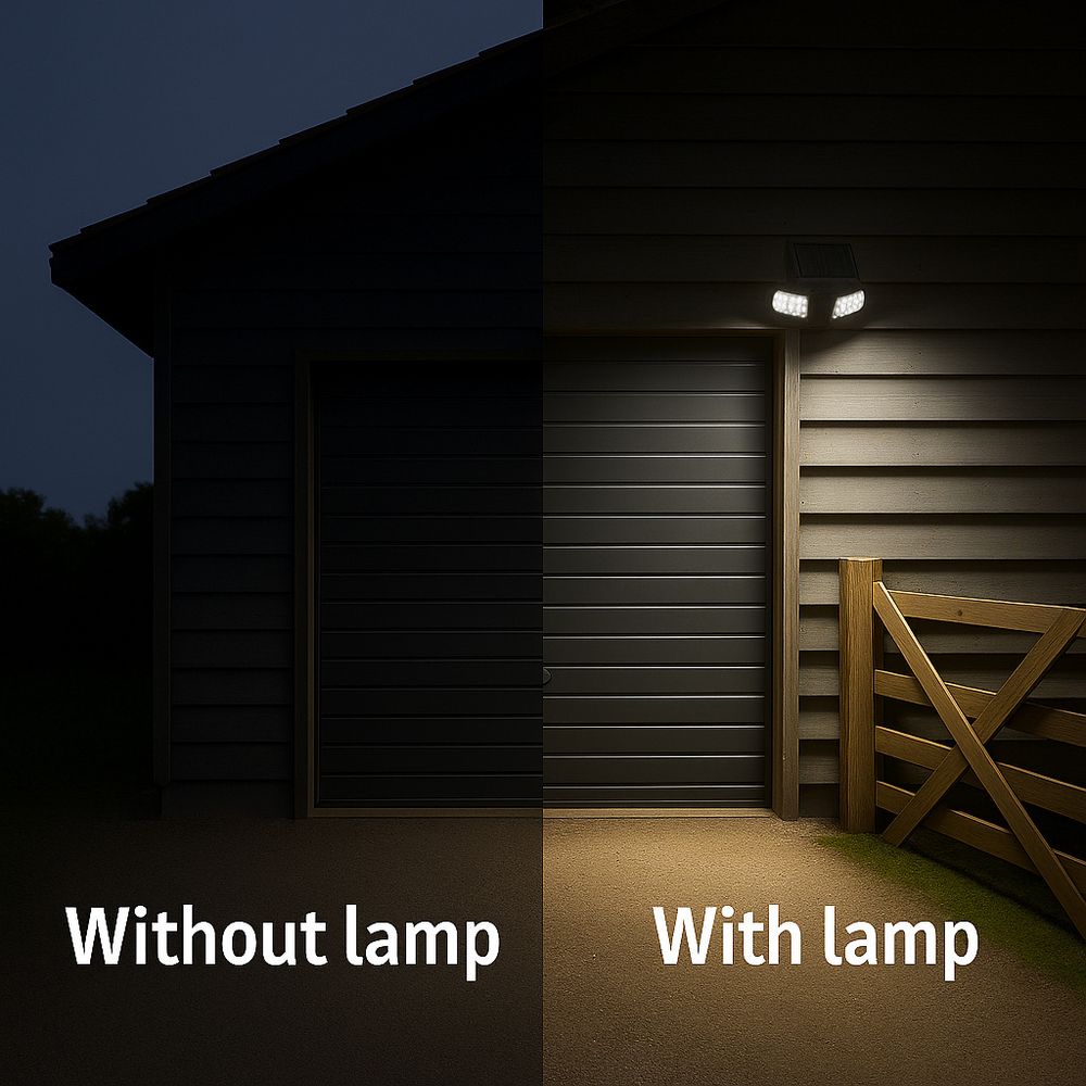 Solarlampe verwandelt Nacht in Tag, bietet helles Licht um die Garage, egal bei welcher Wetterlage.