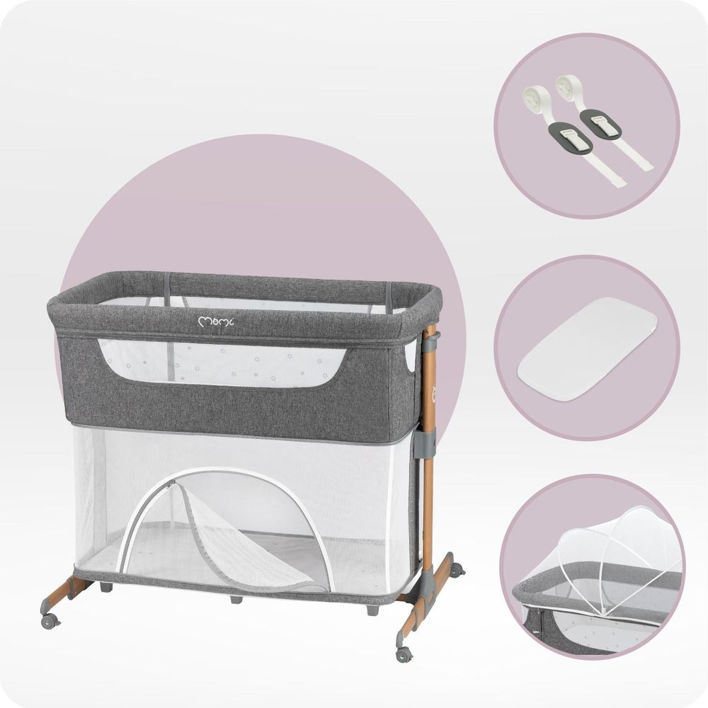 MoMi SMART BED – 4-in-1 Beistellbett & Reisebett, höhenverstellbar mit Neigefunktion, inkl. Matratze & Moskitonetz – Grau