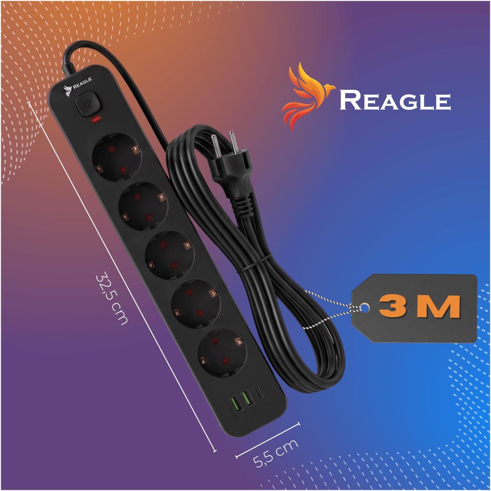 Reagle 3m Steckdosenleiste 5-fach mit 3x USB (2x USB-A, 1x USB-C), Mehrfachsteckdose, Verlängerungskabel 2500W, Schalter, Schwarz