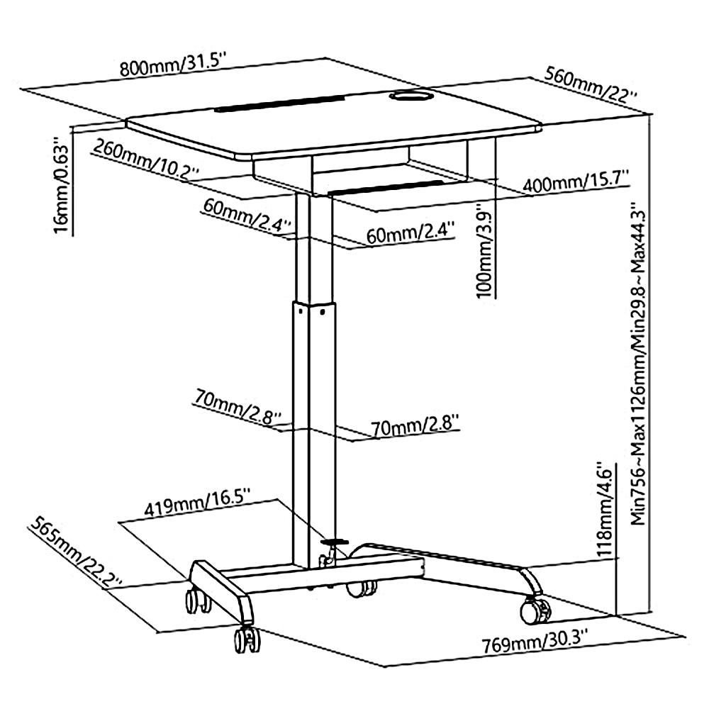 Höhenverstellbarer Laptoptisch mit Rollen und Schublade Sitz-steh-Schreibtisch - Höhenverstellbar bis max. 113cm / Max. 8kg - Schwarz