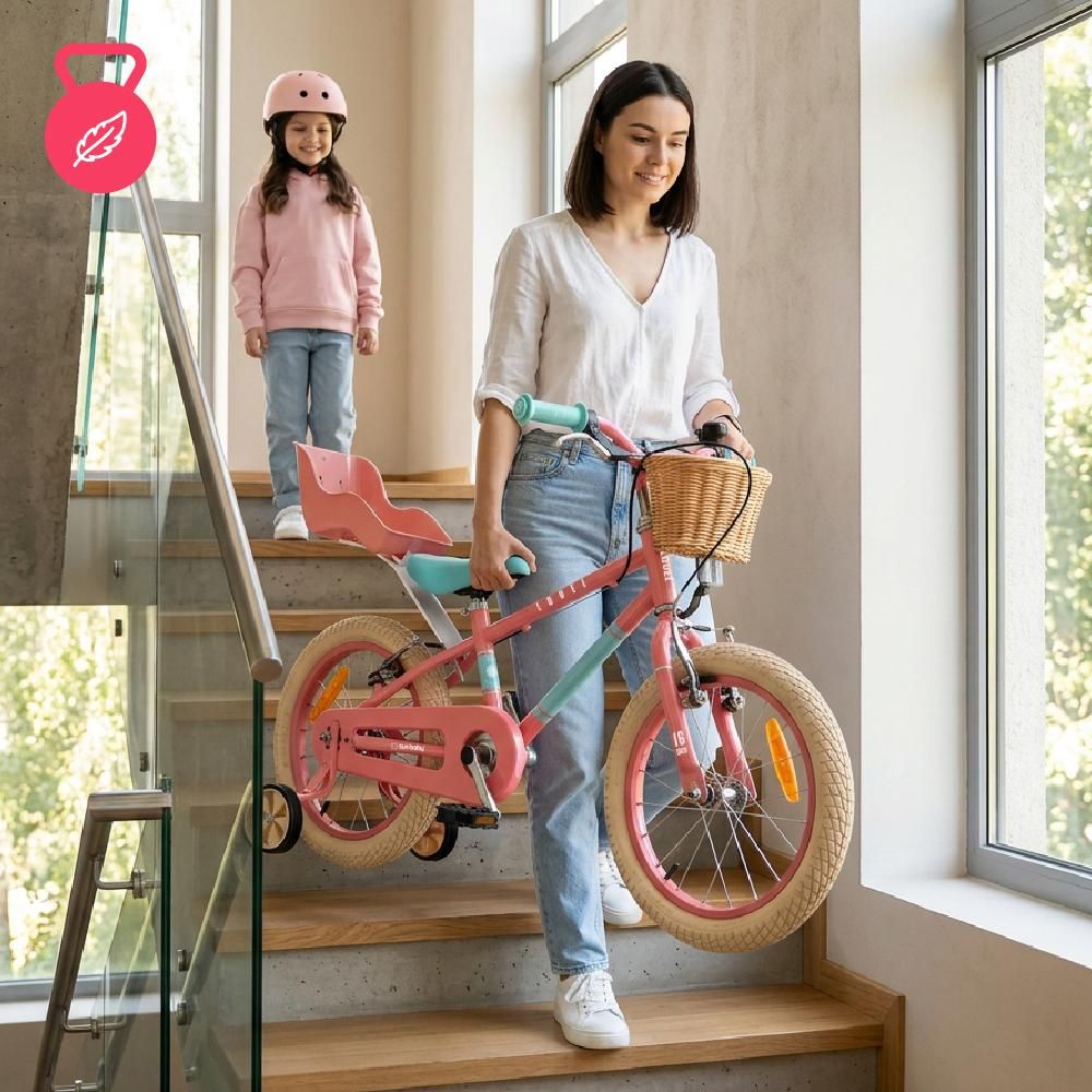 Mutter trägt das Fahrrad die Treppe hinunter, Kind schaut zu