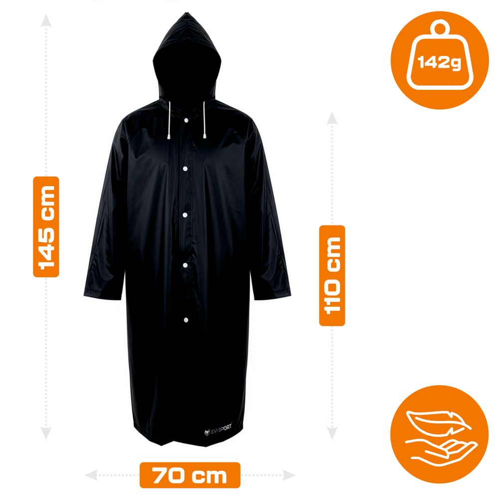 Regenponcho Damen Herren, Regenmantel Wasserdicht aus EVA, Leichter Regenschutz mit Kapuze, EVI SPORT StormGuard Black