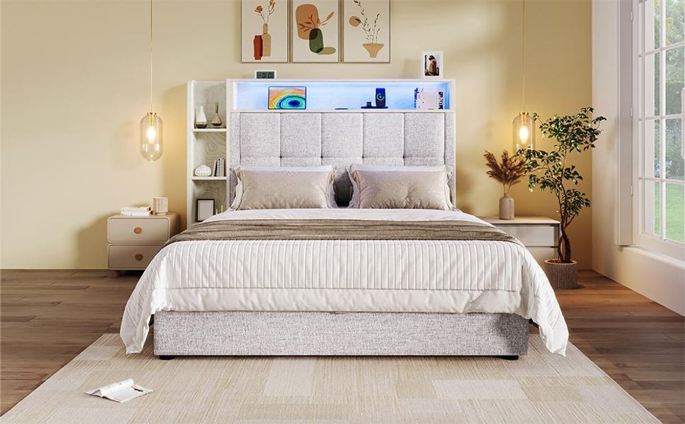 Merax Polsterbett 90x200cm, Einzelbett mit Gepolstertes Kopfteil Regale, USB, Typ-C, LED, Hydraulischem Stauraum, Kinderbett, Flachbett, Leinen, Beige