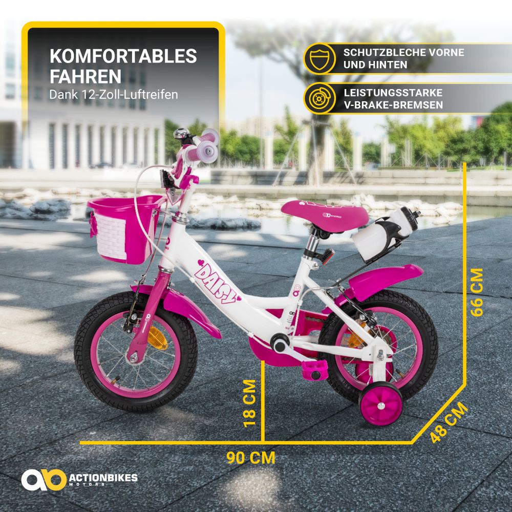 Actionbikes Kinderfahrrad Daisy 12 Zoll | Kinder Fahrrad - V-Brake Bremsen - Kettenschutz - Fahrradständer - Stützräder - Mädchenfahrrad - 2-5 Jahre