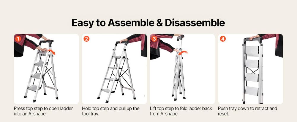 VEVOR 5-Stufen-Leiter, faltbare Trittleiter mit breitem rutschfestem Pedal und komfortablem Handgriff, tragbare Aluminium-Stehleiter mit 150 kg Tragfähigkeit, vielseitig einsetzbar für Küche, Lager, Haushalt und Büro, Silber, 4-Schritte