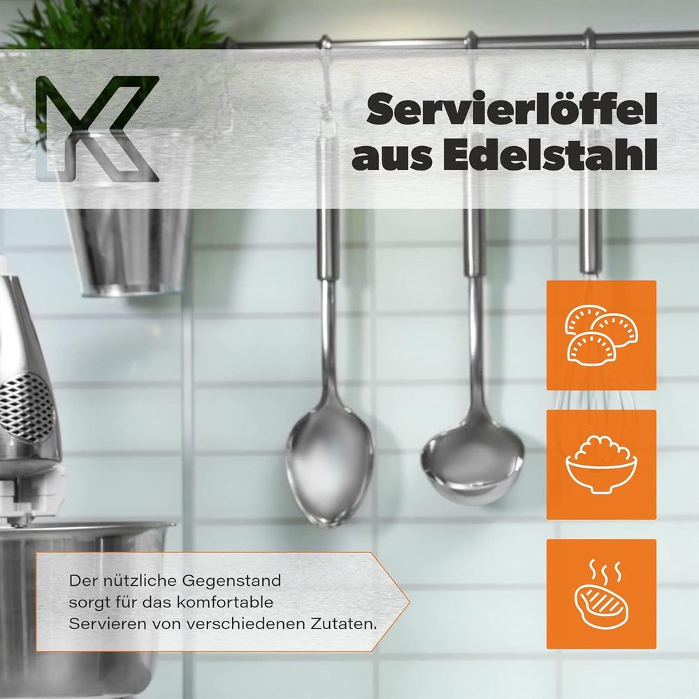 KADAX Servierlöffel "Thiat", großer Salatlöffel aus Edelstahl, langer Stiel, silber, 33 cm, 2 Stück