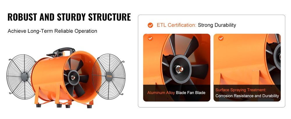 VEVOR Bauventilator 145-W-AC-Motor Baugebläse 2900 U/min Baulüfter Gebläse 1020 CFM (1733 m3/h) Axiallüfter mit 8 m Schlauch Axialgebläse 79 dB Geräuschpegel Industrielüfter