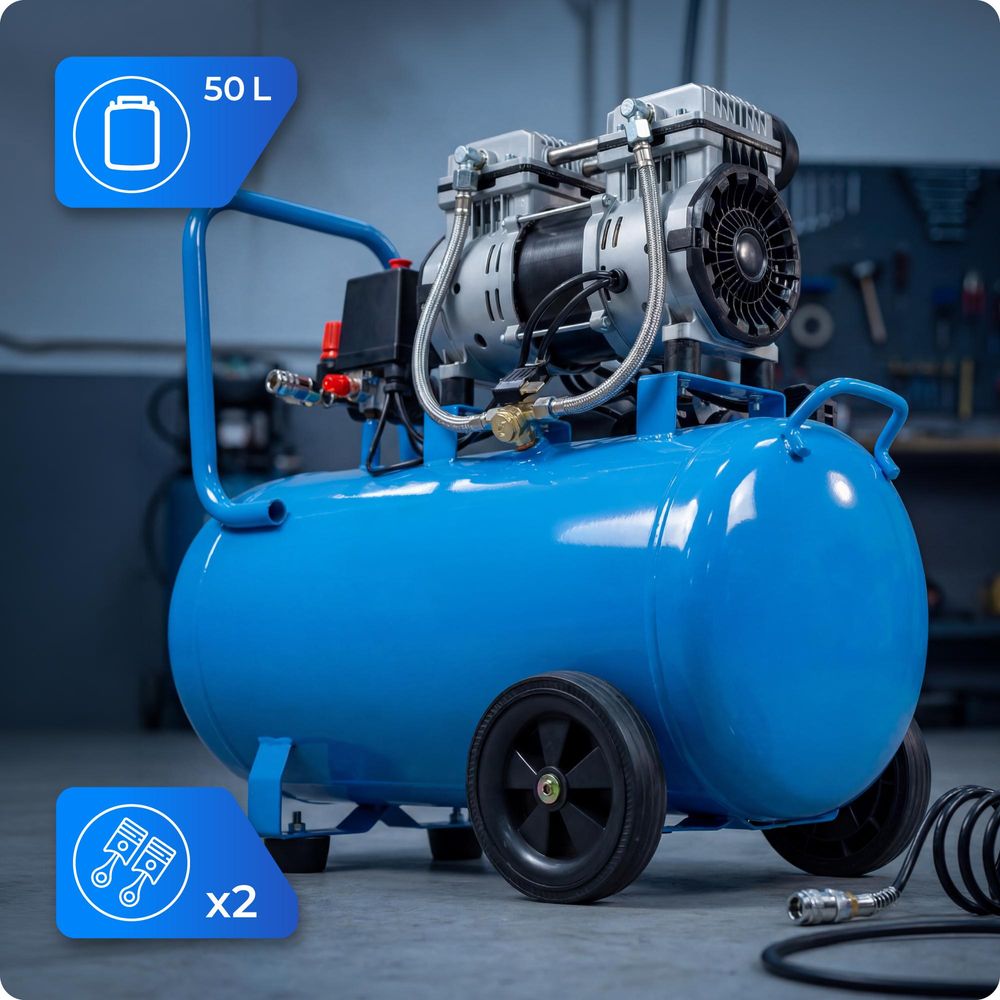 Druckluftkompressor, Ölfreier Luftkompressor HW-KBO-2T-50L 50 L 250 l/min 8 bar 2 Zylinder Gusseisen 1,5 kW 230 V für Werkstatt Garage