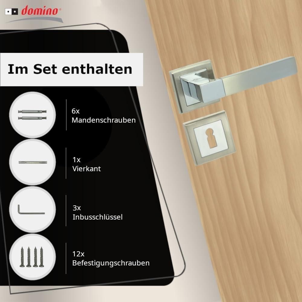 DOMINO Türgriff Drückergarnitur BB-Buntbart Set | mit quadratischen BB Rosetten | Türklinke für Zimmertür, Bürotür, Kellertür & Innentür | Türbeschläge aus Aluminium | Chrom/Nickel Türdrückergarnitur| REAL-QR M6/M9
