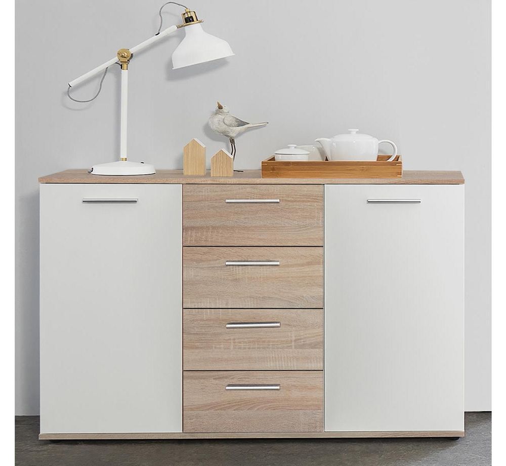 Sideboard Jacklin I – Modernes Stauraummöbel mit 4 Schubkästen & 2 Türen in Sonoma-Eiche Weiß