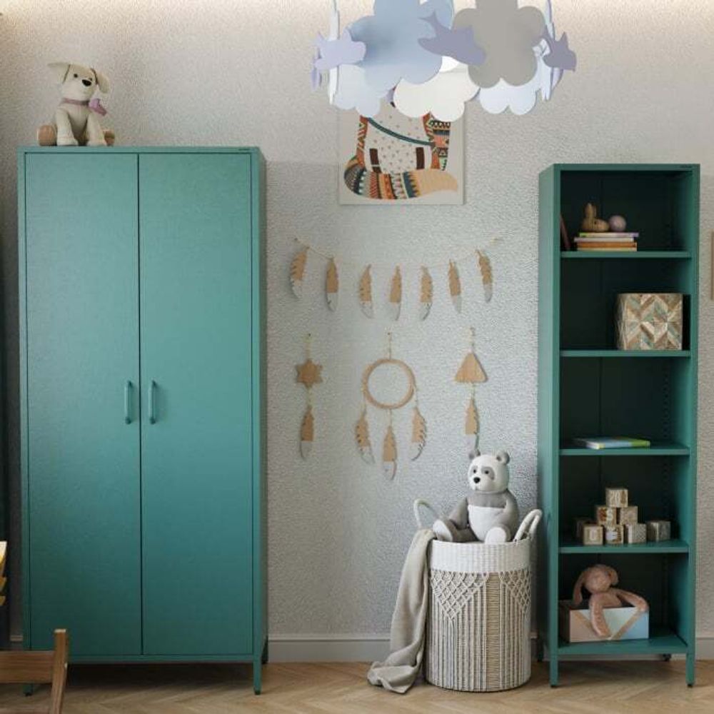 Jan Nowak Kleiderschrank 2 Türig, Metallschrank Glitzernd - Flavio | Ablagen, Kleiderstange, Magnetverschluss | 80 x 185 x 45 cm | Marine
