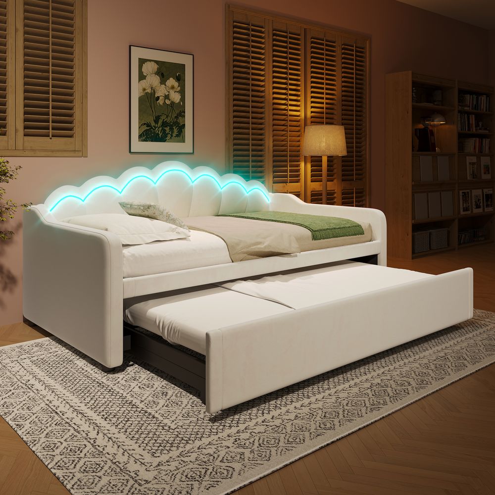 Merax 3-in-1 Tagesbett mit LED-Beleuchtung, Kinderbett Zweisitzer Sofabett, Ausziehbares Doppelbett (90×200 cm/180×200 cm), Samtbezug in Beige